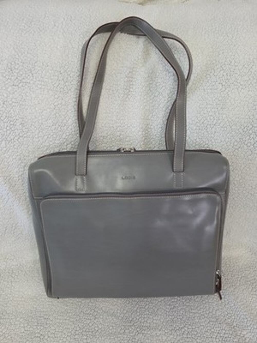 LODIS Leather Briefcase Laptop Work Tote Organizer Double Handles Gray Brown EUC